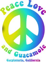 Carpinteria Avocado Festival Logo, words Peace, Love and Guacamole around a '60s-style peace symbol