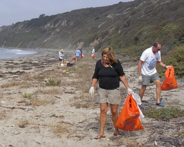 people with orange bags cleaning up the beach