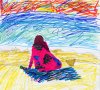 Impressionistic drawing in colorful squiggly lines. Woman sitting on a beach towel, with bowl, facing away looking out to sunset over the water.
