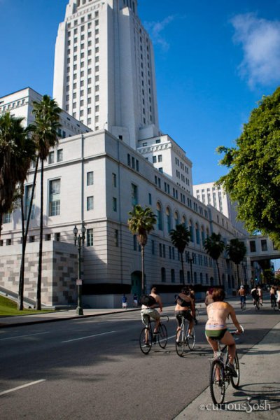 Naked Riders pass Los Angeles City Hall