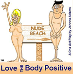 Drawing of two nude people, male and female, in front of 'nude beach' sign. The man is covering himself with both hands.