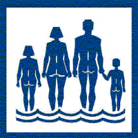 blue on white graphic, nudist family standing in water, rear view